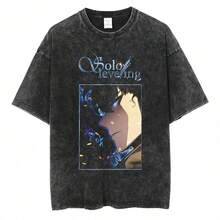 Camiseta con Estampado de Sung Jin Woo de Anime Leveling 2025, Camisetas de Algodón Lavado de Alta Calidad, Camiseta de Talla Masculina Haruku - Negro - Ver 1