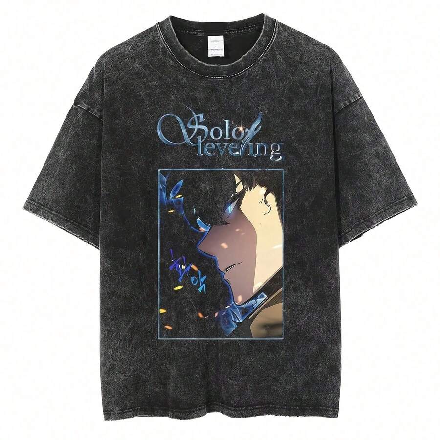 Camiseta con Estampado de Sung Jin Woo de Anime Leveling 2025, Camisetas de Algodón Lavado de Alta Calidad, Camiseta de Talla Masculina Haruku - Negro - Ver 1