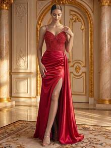 Smilprince Women's Sleeveless Red Woven Formal Dress, Sequin Bodycon Bustier, Spaghetti Straps, High Slit Design, Maxi Length Wedding Party - Burgundy - View 1