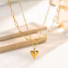 1 pieza Collar de doble capa con colgante de corazón de moda, cadena de clavícula de acero inoxidable estilo vintage chapada en oro de 18k, collar para mujer adecuado para uso diario, viajes, citas - Dorado - Ver 5