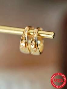 1 Pair S925 Sterling Silver Cubic Zirconia Stud Earrings, Elegant & Classy Everyday Jewelry For Women - Yellow Gold - View 1
