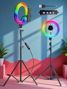 10 Inch RGB Ring Light, 63 Inch Adjustable Height Tripod, 38 Color Modes Selfie Ring Light, Fast LED Ring Light, Selfie Ring Light With Phone Holder, Dimmable LED Ring Light, Suitable For Makeup/Live Streaming/Photography - A - View 1
