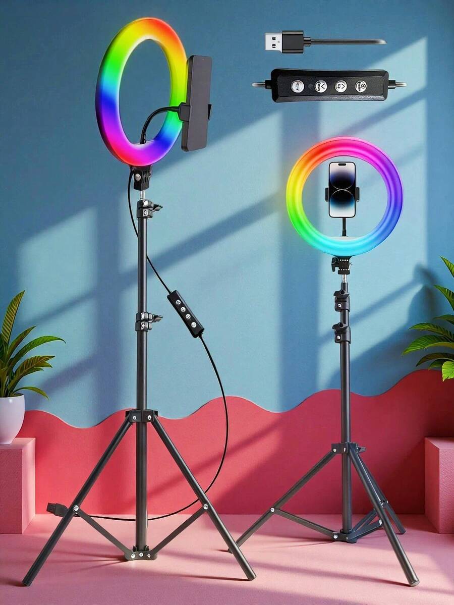 10 Inch RGB Ring Light, 63 Inch Adjustable Height Tripod, 38 Color Modes Selfie Ring Light, Fast LED Ring Light, Selfie Ring Light With Phone Holder, Dimmable LED Ring Light, Suitable For Makeup/Live Streaming/Photography - A - View 1