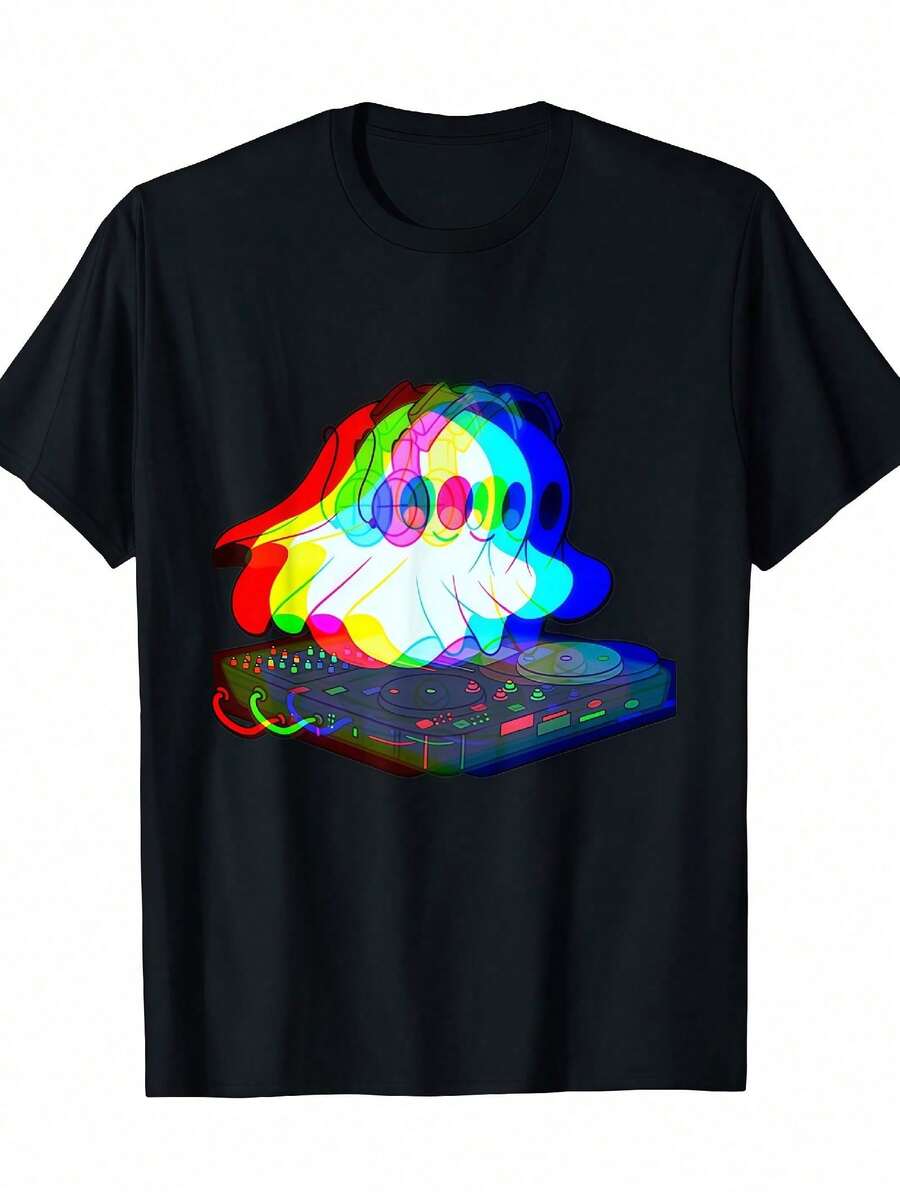 Neon DJ Grafik-T-Shirt - Leuchtendes Techno-Musik-Design mit Soundwellen- & Vinyl-Rad-Print - Ganzjährig bequemes Rundhals-Kurzarm-T-Shirt für Rave-Partys, Nachtclubs - Schwarz - Übersicht 1