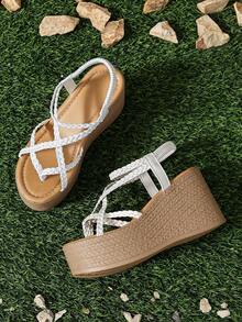 Platform Wedge Back Strap Sandals, Versatile Elevated Women Footwear - White - View 3