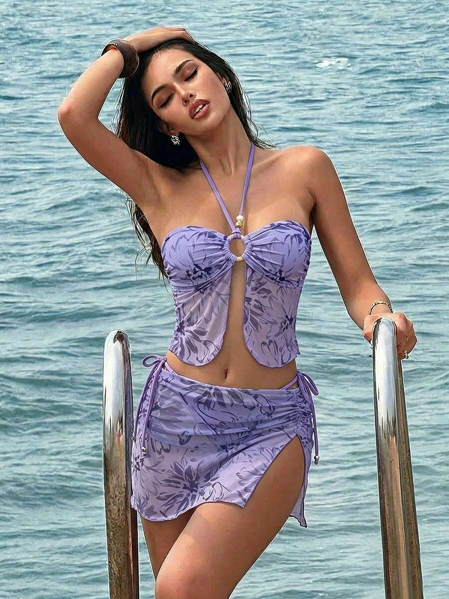 New Sexy Floral Print Mesh Patchwork Beaded 3-Piece Bikini Set, Spaghetti Strap Swimwear Suitable For Beach, Swimming Pool, Party In Spring/Summer Vacation