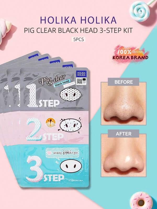 HOLIKA HOLIKA 5pcs Pig Clear Black Head 3 Step Kit, Pore Care & Deep Cleansing, Nose Strip Set, Blackhead Remover, K-Beauty, Korea Makeup, Olive Young Pick, 4g/0.14oz * 5