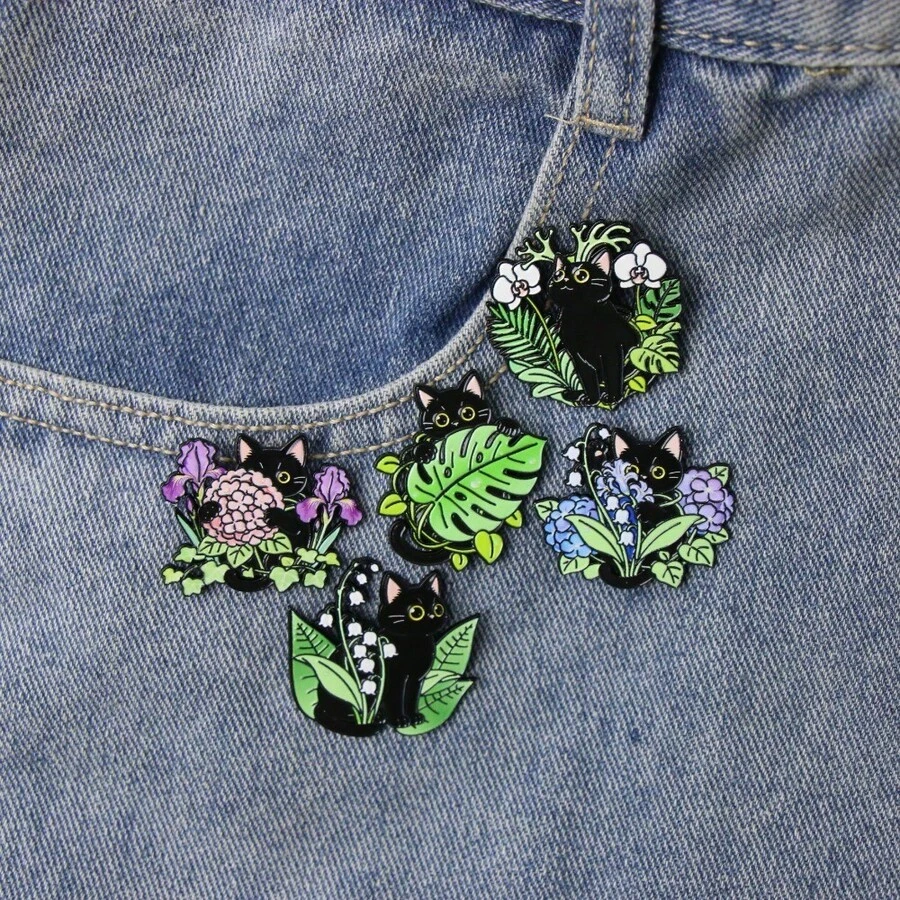 Cute Black Cat & Mixed Floral Enamel Pins, Plant Animal Brooch Badge For Denim Jacket Backpack Clothes Accessory - E13-3-409 - View 1