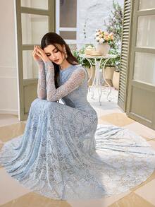 Women's Round Neck Elegant Long Sleeve Lace Romantic Dress - Baby Blue - View 1