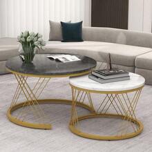 (WF300416AAA) Set Of 2 Modern Nesting Coffee Tables, Marble Veneer, Nesting Style, Round, With Gold Frame. - Grey - View 5