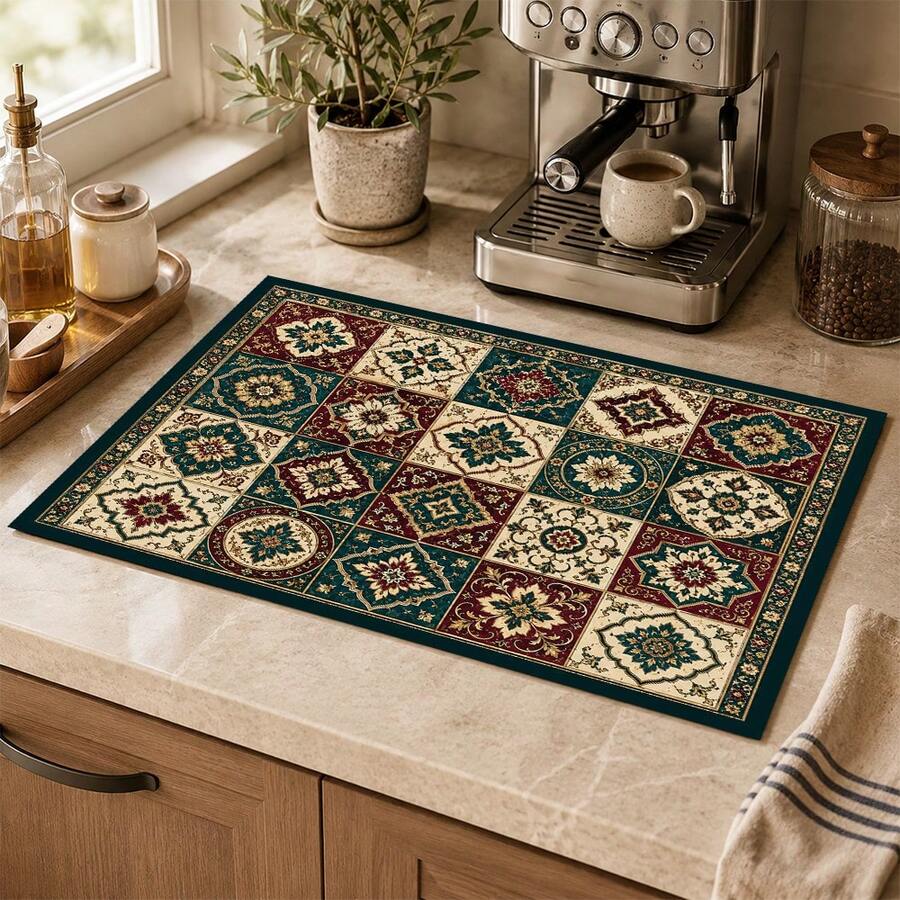 1pc Persian Style Absorbent Drying Mat, Kitchen Decor Coffee Machine Mat, Handmade Coffee Pot Drip Tray, Kitchen Floor Mat, Table Mat, Kitchen Countertop Dish Drying Mat, Breakfast Mat, Heat-Resistant Drip Tray With Non-Slip Backing, Diatomaceous Earth Drip Tray, Stain-Hiding, Super Absorbent Kitchen Drip Tray, Easy-To-Clean Dish Rack Mat, Perfect For Kitchen, Dining Table, Coffee Shop, Bar, Holiday, Party, Home Decor, Holiday Gift - Multicolor - View 1
