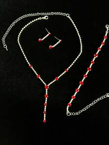 3pcs Luxury Y-Shaped Tassel Jewelry Set, Including Necklace, Earrings And Bracelet, Bridal Wedding Glamorous Sparkling Accessories, Suitable For Gala, Party, Events - Silver - View 9