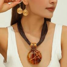 Bohemian Resin Pendant Multi-Strand Wax Rope Necklace And Earrings Set, Wedding And Daily Wear Jewelry - Brown - View 6