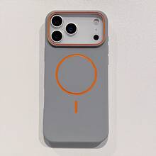 Dual-Color Contrast Orange Line MagSafe Phone Case, Matte Silicone Frame Shockproof Protective Cover, Large Opening Camera Window Drip Oil, Compatible With IPhone 17 16 15 14 13 Pro Max 12 Pro Max Wireless Charging Case, Holiday Gift - Light Grey - View 3