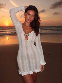 White Knitted Hollow Out Beach Cover-Up, Shell Button Backless Tie-Up Vacation Beach Dress Summer - White - View 2