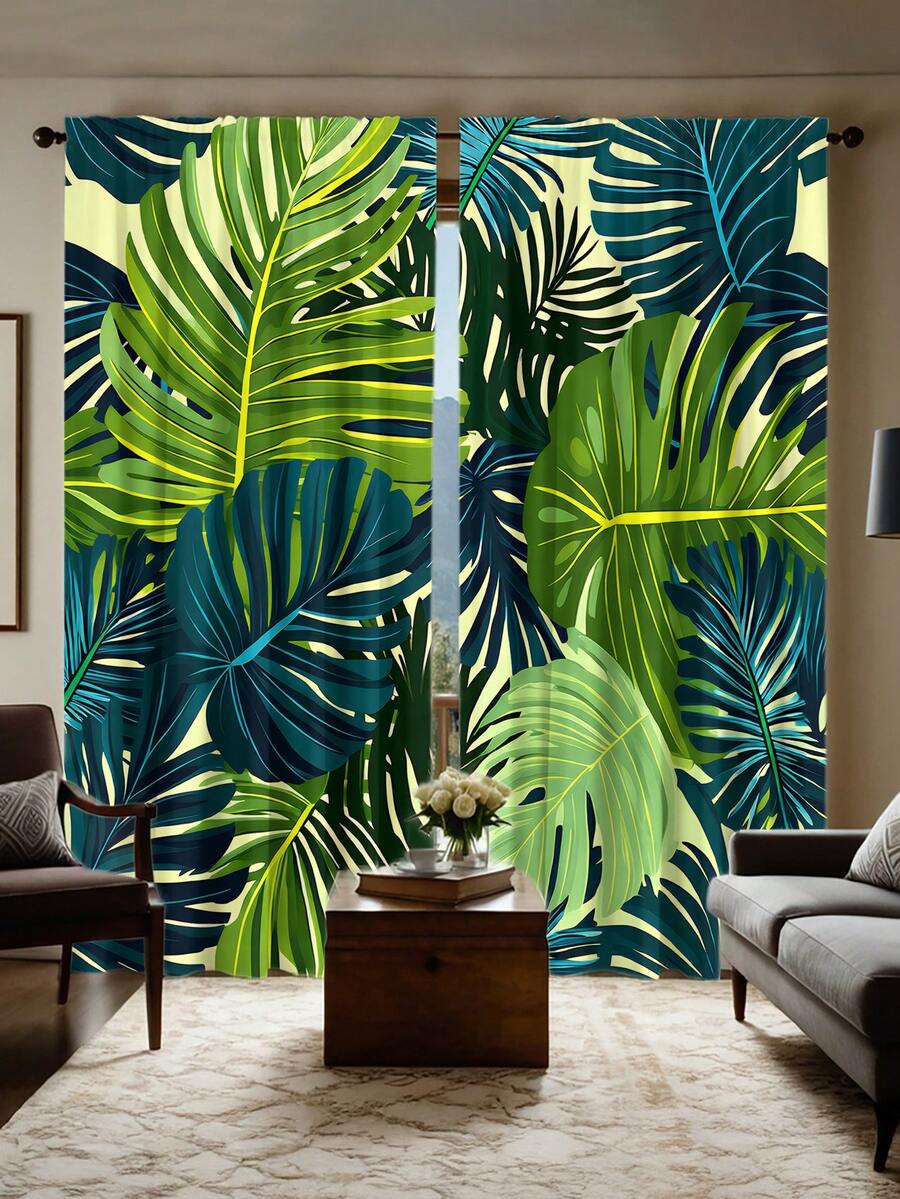 2pcs High-Definition Digital Nordic Tropical Monstera Leaf Print Decorative Curtains, Polyester Material, Easy To Install, Rod Pocket Hanging, Semi-Transparent Privacy Protection, Machine Washable And Hand Washable, Tropical Rainforest Style Living Room Bedroom Curtains, Suitable For Bedroom, Office, Kitchen, Living Room, Study, Home Decor. - Multicolor - View 1