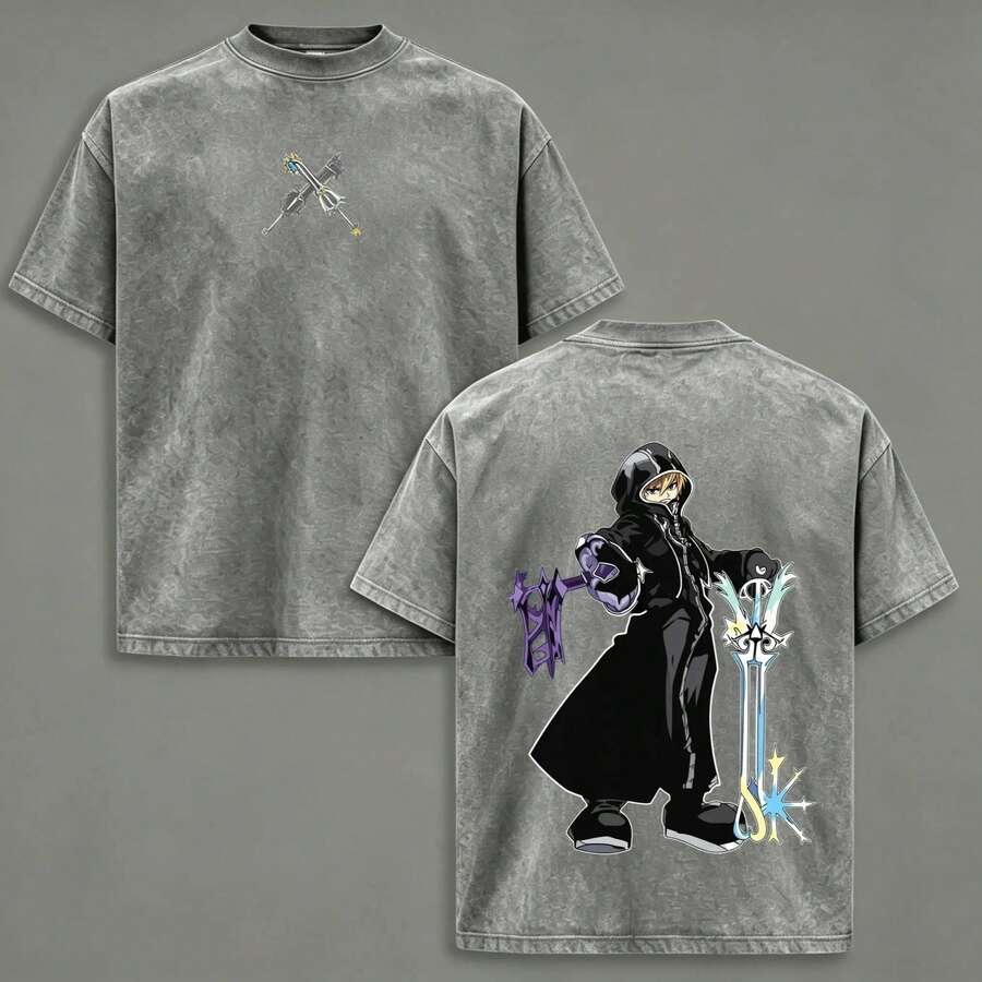 Roxas Heart Washed Tee Oathkeeper Oblivion Unisex Anime Manga Cotton T-Shirt, Gift For Anime Fans, Men's Clothing, Casual Urban Style Black T-Shirt - 深灰色 - 查看 1