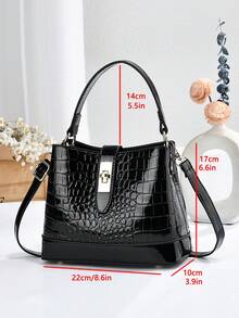 Crocodile Pattern Bucket Handbag, Glossy Patent Leather Top Handle Satchel Bag, Women Crossbody Shoulder Purse With Twist Lock Closure - Apricot - View 4