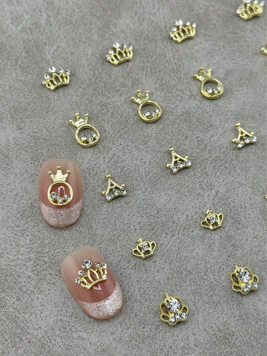 10pcs/Bag Gold Glitter Crown Nail Art Charms, Ring-Shaped Hollow Metal Crown, Suitable For Nail Decoration, Nail Art Supplies - Gold - View 1