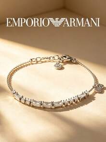 Armani 水鑽竹節鏈條手鍊 雙心吊飾 銀色鍍層 女士日常奢華珠寶禮物 - 銀色 - 查看 2