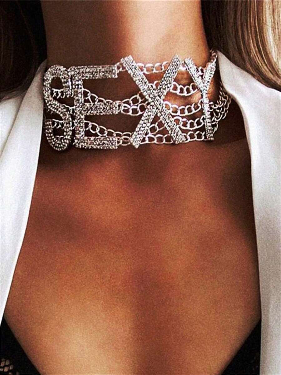 1pc Fashion Letter "NASTY" Rhinestone Necklace, Sexy Women's Party Jewelry Accessory - Silver - View 1