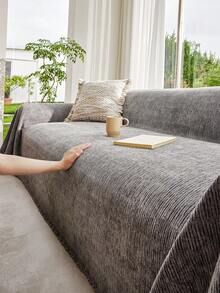 1pc Solid Color Chenille Tassel Sofa Cover, Pet-Friendly Stain-Resistant Durable, Machine Washable Easy To Clean, Holiday Decor Sofa Protection, Suitable For 1/2/3/4 Seat Sofa - Dark Grey - View 6