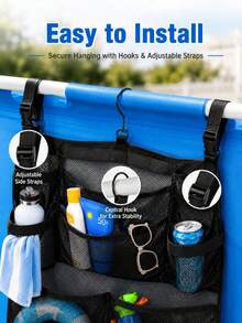 1pc/Set Large Capacity Hanging Pool Storage Organizer Bag, Foldable Mesh Toy Storage Bag With Multiple Pockets, Hooks And Adjustable Shoulder Strap, Suitable For Above Ground Pool, Bathroom And Outdoor Accessories - Multiple Styles - View 8