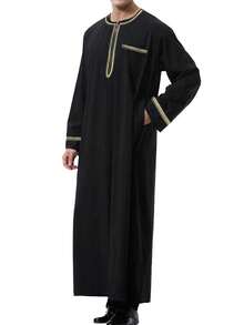 Men Contrast Trimmed Half Zip Longline Shirt - Black - View 5