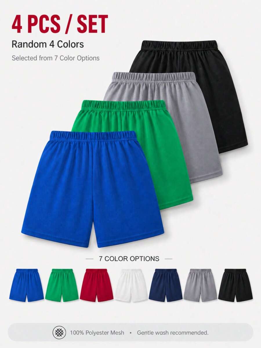 4pcs/Set Pantalones cortos deportivos de malla para niños y jóvenes, 4 colores aleatorios de 7 disponibles, adecuados para entrenamiento diario y baloncesto - Multicolor - View 1