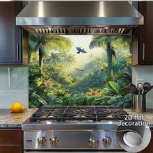 1pc Kitchen Wall Sticker, Tropical Rainforest Design, PVC Material. It Features Vibrant Palm Trees, Colorful Flowers And Birds, Suitable For Kitchen, Cafe Or Restaurant Decoration, Kitchen Wall Decor|Floral Pattern|Vinyl Wallpaper, Wall Decor - A - View 2