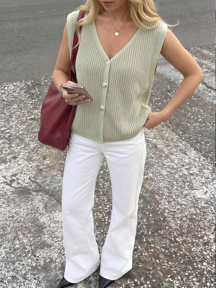Colete de malha feminino com decote em V e botões frontais, top de malha casual fofo e solto, top feminino de verão