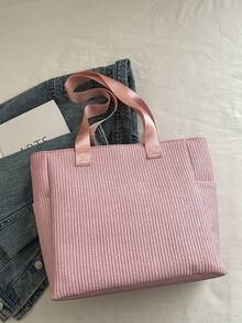 Fashion Versatile Textured Solid Color New Tote Large Bag Casual Minimalist Textured Solid Color Straw Woven Pattern Commute Vacation Shoulder Large Bag - Baby Pink - View 9