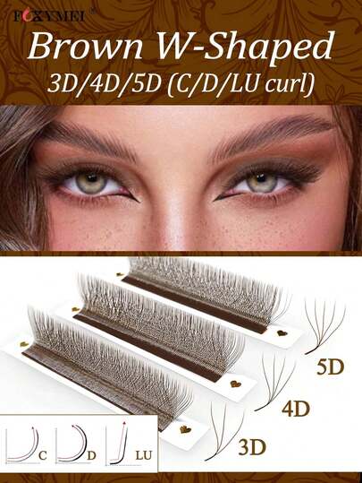 FOXYMEI 12 Rows Brown 3D/4D/5D W-Shaped Colorful Eyelash Extensions LU(M) Curl Long-Lasting False Lashes 0.07mm Fluffy Lightweight Pre-Made Fan Lashes Natural Soft Mink-Like Salon Use