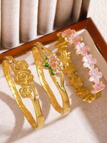 1 Stück Western-Stil charmantes dickes Premium 304 Edelstahl Blumen-Emaille-Textur stapelbares Armband-Set, rostfreies Damen-Schmuck-Gold-Accessoire-Set, geeignet für Alltag, Hochzeit, Party, Feiertagsgeschenk - Goldgelb - Übersicht 6