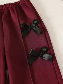 Sweatshirt Kerah Bulat Bergambar Kartun dan Celana Panjang Berhiaskan Pita untuk Anak Perempuan Remaja - Burgundy - View 4