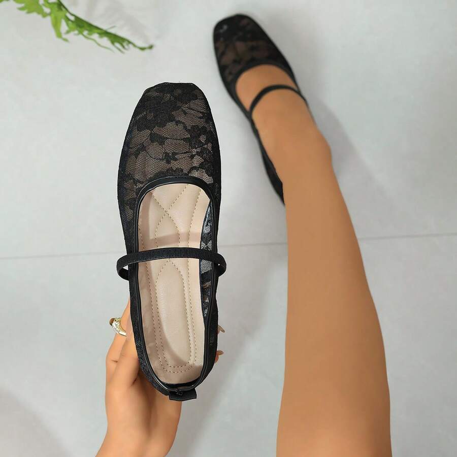 Gentle Elegant Rose Square Toe Lace Mesh Women's Shoes, Outdoor Casual Wedding Party Breathable Hollow Flat Ballet Loafers, Versatile Fashion Shoes