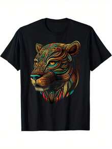 Black T-Shirt With Colorful Leopard Head Design For Casual Wear. - 黑色 - 查看 1