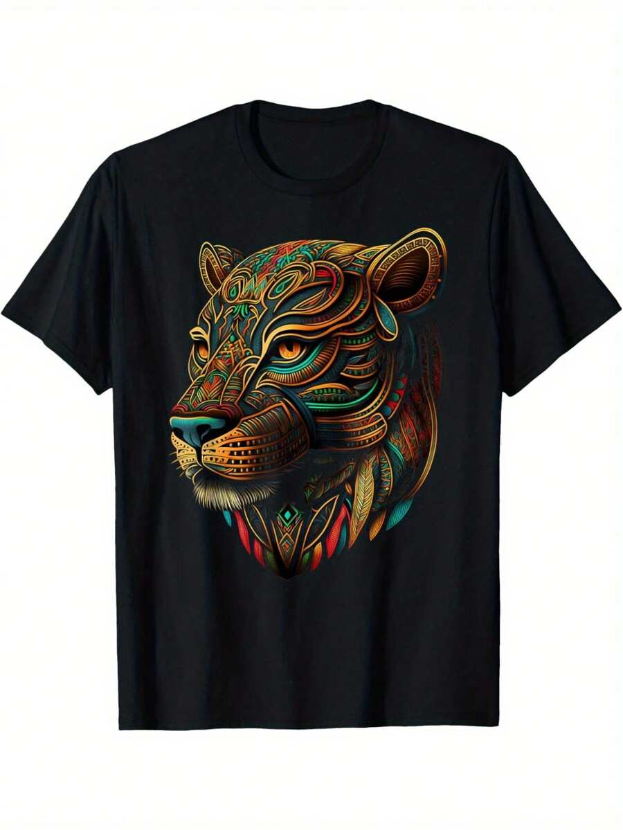 Black T-Shirt With Colorful Leopard Head Design For Casual Wear. - 黑色 - 查看 1