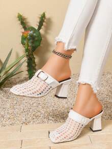 1 Pair Solid Color Elegant Casual PU Leather Buckle Slip-On High Heel Sandals For Outdoor And Indoor Summer Wear - White - View 4