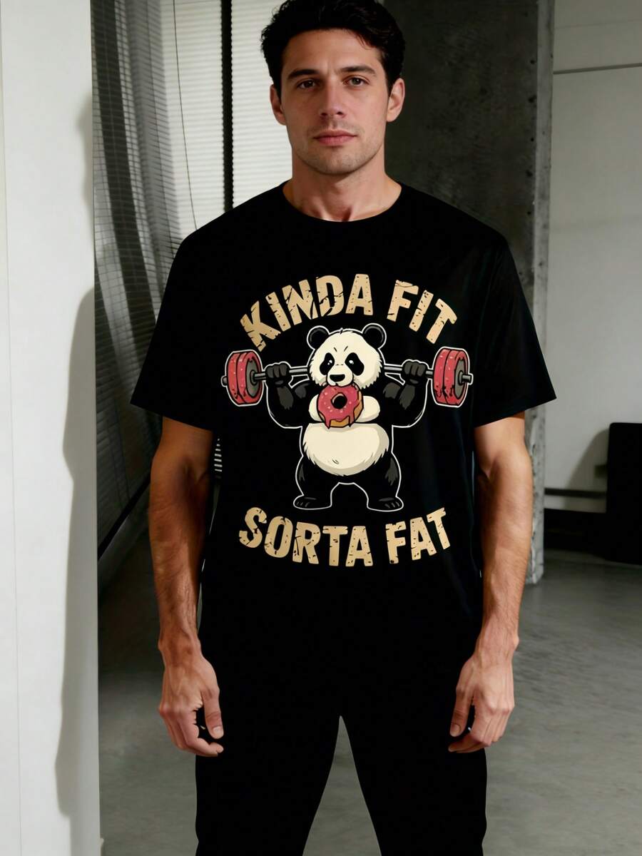 Weightlifting T-Shirt With Bear Design, Fitness, Slightly Fitted And Slightly Humorous - Vintage Gym T-Shirt With Bear Design, Slogan Print - 黑色 - 查看 1