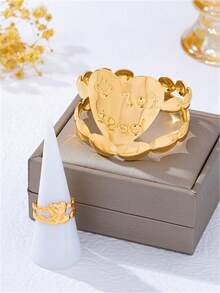 2pcs/Set New Exquisite Metal Letter Heart Open Women's Bracelet & Ring Set, Mother's Day Valentine's Day Gift - Yellow Gold - View 5