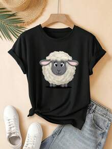 2026 Women's Shirts [Women's Short Sleeve T-Shirt] New Women's Short Sleeve T-Shirt, Cartoon Sheep Print, Adorable, Lively, Fashionable, Beautiful And Casual - 黑色 - 查看 1