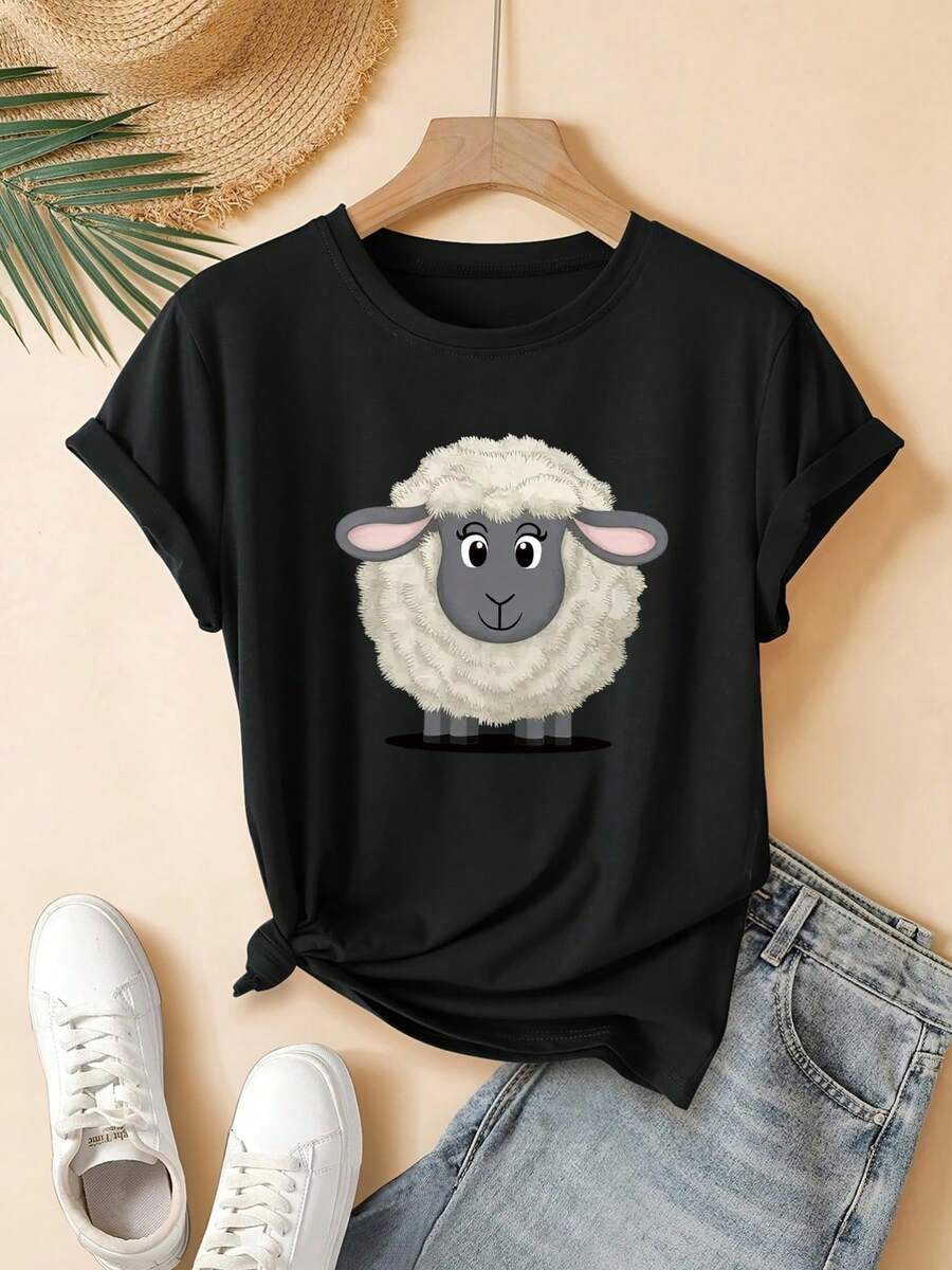 2026 Women's Shirts [Women's Short Sleeve T-Shirt] New Women's Short Sleeve T-Shirt, Cartoon Sheep Print, Adorable, Lively, Fashionable, Beautiful And Casual - 黑色 - 查看 1