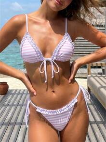 Women's Striped Ruffle Trim Tie Side Bikini Set Triangle Top Two Piece Swimsuit For Beach  Vacation - Berwarna merah muda - View 1