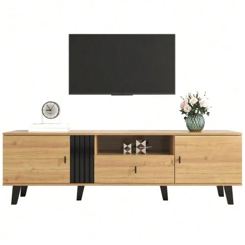 Elegance And Style: 170cm TV Stand In Wood And Black, Low TV Stand With Drawers, Multiple Storage Functions, Unique Appearance. - 自然色 - 查看 1