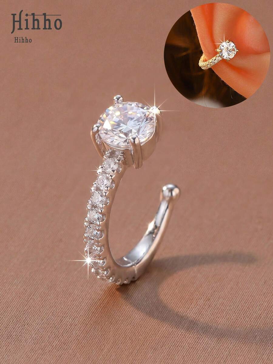 Hihho 1 Peça Brinco de Clipe Mini com Zircônia Brilhante Sem Perfuração, Clipe de Orelha em Formato C da Moda, Brinco Personalizado Elegante, Presente de Joias Adequado para Feriados, Festas, Deslocamento, Pode Ser Combinado com Brincos, Estético - Clipe de osso da orelha - Visão 1