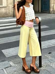 Fold Over Wide Leg Capri Pants For Women Low Rise Lounge Yoga Flare Culottes Y2k Flowy Crop Palazzo Pants - 黃色 - 查看 9
