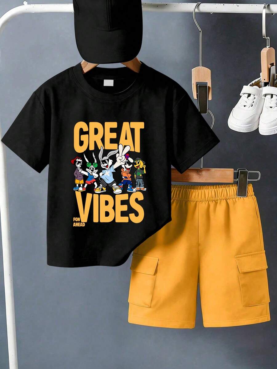 Kaos Lengan Pendek Leher Bulat Motif Kartun Kelinci Lucu dan Huruf + Celana Kargo untuk Anak Laki-Laki, Setelan Musim Panas Terbaru - MultiWarna - View 1