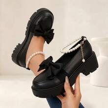 Geeyea Women's High-Heeled Flats, Thick Heel,Round Toe,With Pearl Ankle Strap And Bow Embellishment,Made Of PU Material,Suitable For Parties And EverydayWear - màu đen - Xem 1
