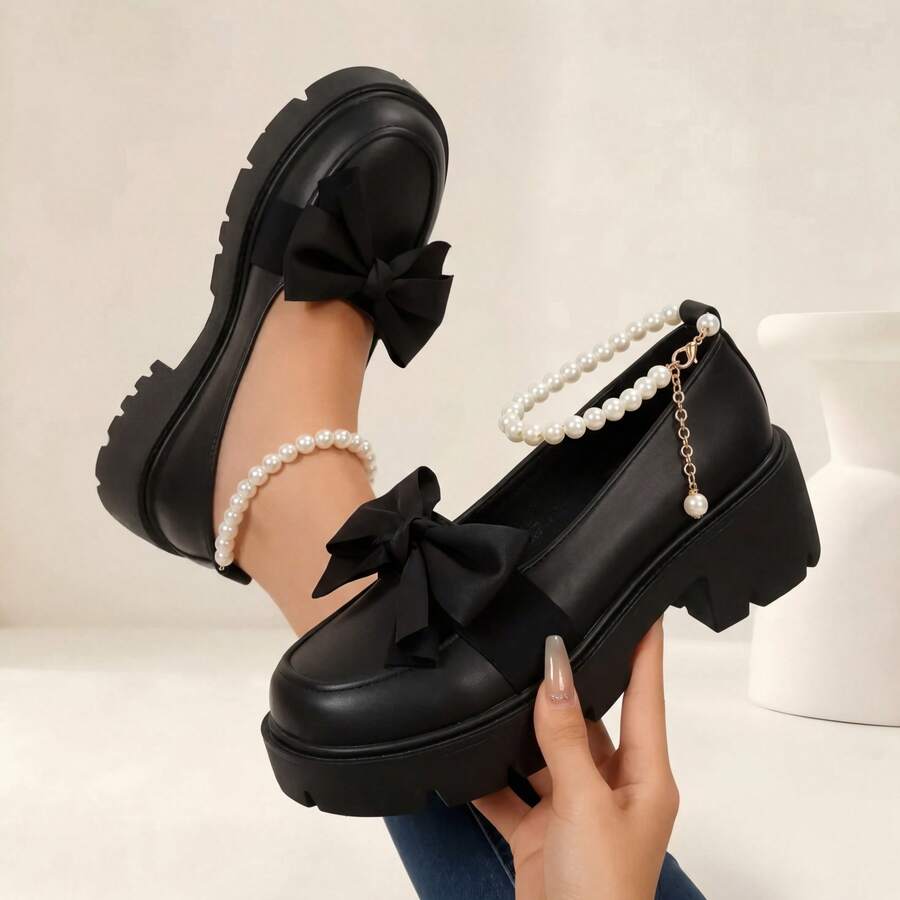 Geeyea Women's High-Heeled Flats, Thick Heel,Round Toe,With Pearl Ankle Strap And Bow Embellishment,Made Of PU Material,Suitable For Parties And EverydayWear - màu đen - Xem 1